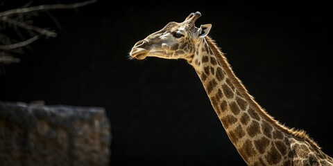Obraz premium Graceful giraffe profile highlighting its long neck and distinctive patterns against a dark backdrop.