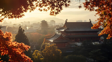 Breathtaking View of Traditional Japanese Temple in Autumn with Scenic Foliage : Generative AI