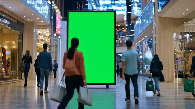 A mockup of an green screen vertical blank billboard poster standing in the middle of a shopping mall, with people walking around and passing by,