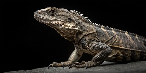 Obraz premium A rugged lizard poses confidently, showcasing its textured skin and sharp features against a dark background.
