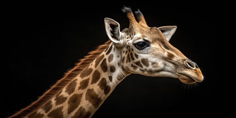 Obraz premium Graceful giraffe portrait showcasing its long neck and unique patterns against a dark backdrop.