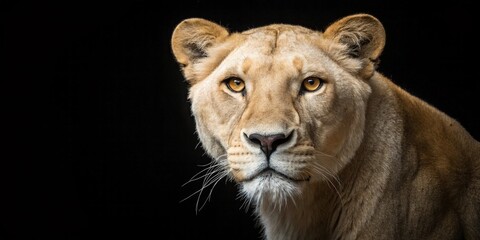 Obraz premium A close-up of a lioness reveals her captivating gaze and powerful demeanor against a dark backdrop.