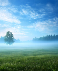 Obraz premium Lone tree in misty field under bright blue sky with fluffy clouds : Generative AI