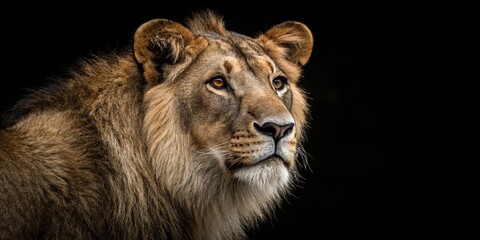 Naklejka premium A powerful lion gazes thoughtfully, capturing the essence of strength and majesty in the wild.
