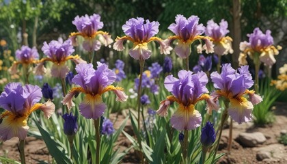 Group of multicolored irises with shriveled petals in a garden, flowers, shriveled, multicolored, colorful, withered