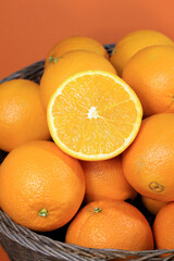 Fresh black label oranges in a basket. Sweet and sour refreshing and healthy