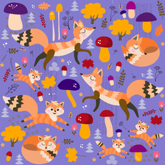 Wonderful forest seamless pattern with foxes, mushrooms, trees, flowers, leaves and berries