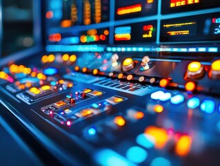 Smart factory managed by engineers, fully automated processes and glowing control panels