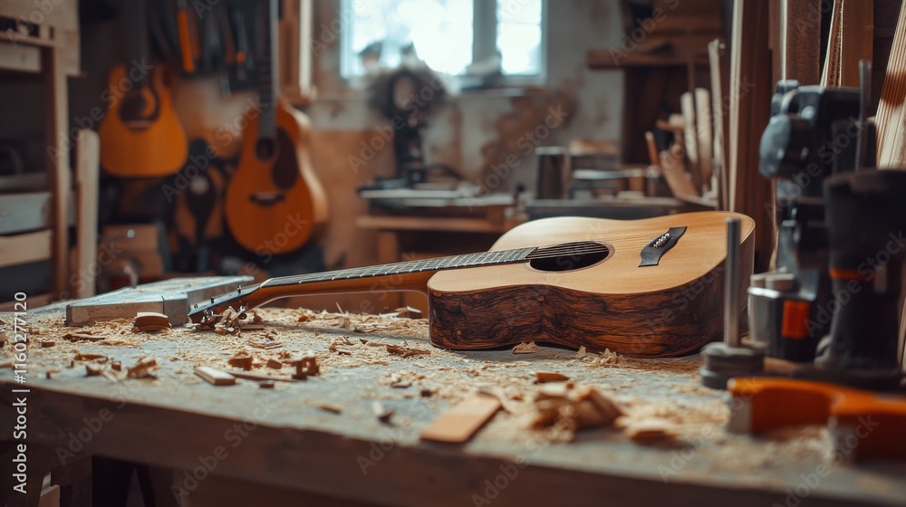Aufkleber an atmospheric woodworking workshop with power tools, custom wooden instruments under construction, 