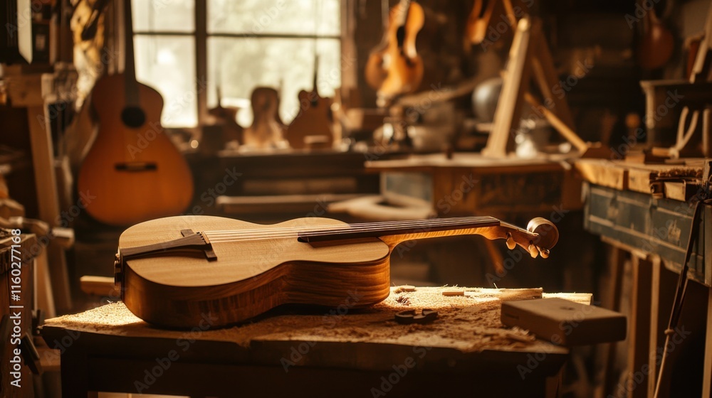 Aufkleber an atmospheric woodworking workshop with power tools, custom wooden instruments under construction, 