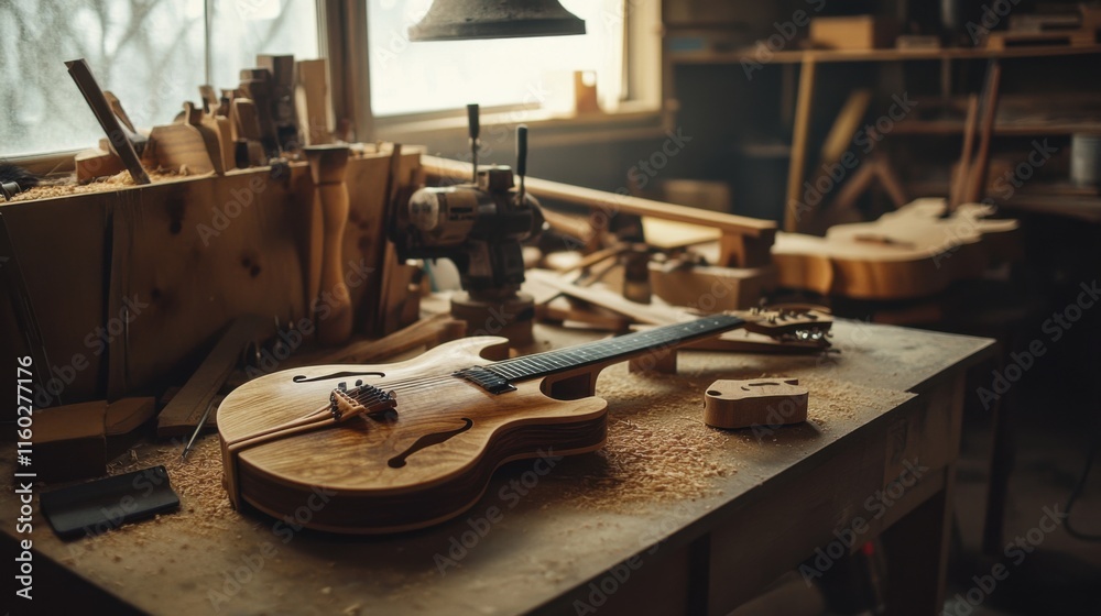 Aufkleber an atmospheric woodworking workshop with power tools, custom wooden instruments under construction, 