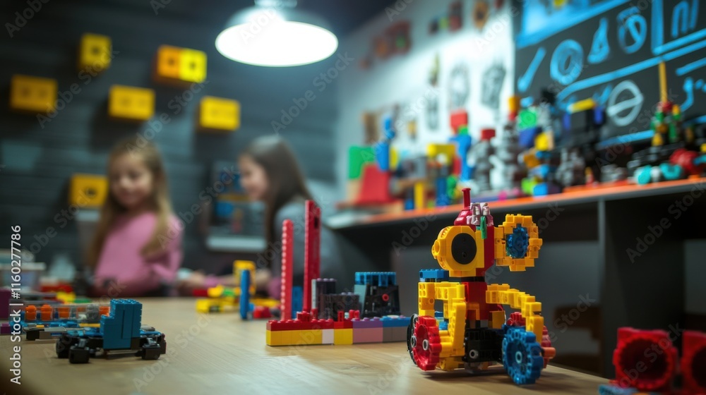 Aufkleber An educational robotics lab with students programming robots constructed from blocks, Blocks integrated into educational robotics projects, STEM education style