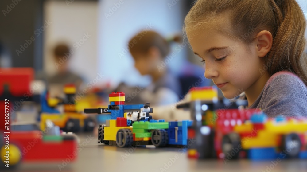 Aufkleber An educational robotics lab with students programming robots constructed from blocks, Blocks integrated into educational robotics projects, STEM education style