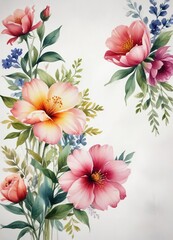 Hand-painted watercolor flowers on a white canvas, watercolor, painting