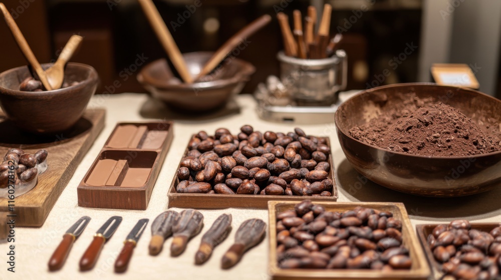 Poster an elegantly set up artisan chocolate-making workshop, cocoa beans and confectionery tools in meticu
