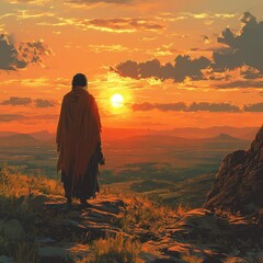 Sunset landscape; cloaked figure observes vista.