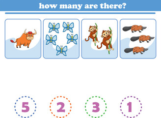 Counting game of wild animals for preschool kids. Printable. Vector Illustration