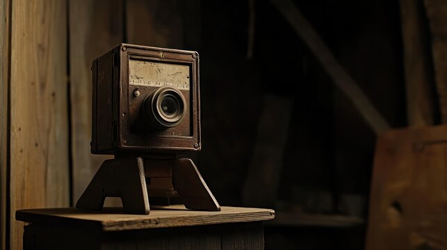 Vintage wooden box camera on rustic stand in dark attic.