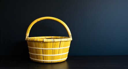 Yellow bamboo basket on plain black background