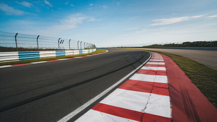 Asphalt Racetrack with Curving Road Ahead, White and Red Stripe Markings, Protective Barrier on One Side, Clear Sky with Scattered Clouds, Sunny Day, Perspective from Track 