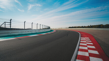 Asphalt Racetrack with Curving Road Ahead, White and Red Stripe Markings, Protective Barrier on One Side, Clear Sky with Scattered Clouds, Sunny Day, Perspective from Track 