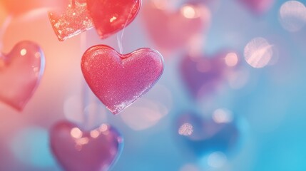 Obraz premium Hanging heart-shaped ornaments, bokeh background, Valentine's Day.