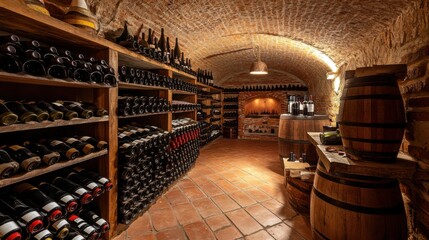 An elegantly set up wine tasting cellar, Bottles of wine neatly organized for connoisseurship, Vinicultural elegance style