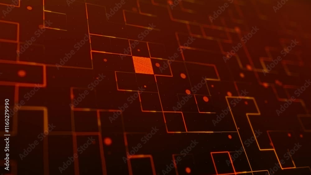 Poster orange matrix glowing lines and particles grid on an abstract background, bokeh effect, horizontal c