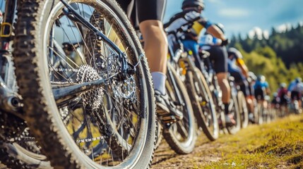 An energetic cycling event on a winding mountain trail, Bicycles and helmets arranged at the starting line, Dynamic sporting style