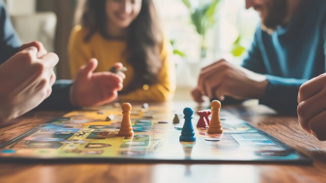 An engaging board game session in a cozy living room, Board games set up for a strategic play, Family game night style