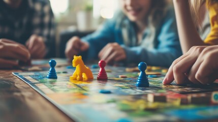 An engaging board game session in a cozy living room, Board games set up for a strategic play, Family game night style