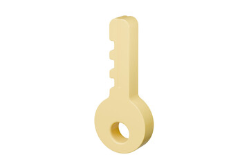 3D Key with a simple round design. Lock security and safety concept. Minimal Cartoon shiny orange cartoon key car with round minimal design icon. Isolated on transparent background, PNG. 3d render.