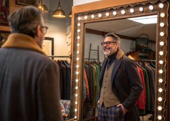 Happy Man Wearing Glasses Trying on New Jacket in Vintage Clothing Store, Enjoying Shopping Experience