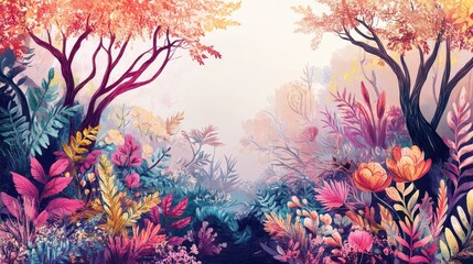 Lush, Vibrant Forest with Abstract Trees and Flowers