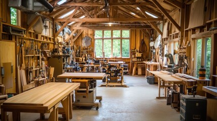 An expansive woodworking studio with handcrafted furniture and tools, Woodworker's haven amidst sawdust and woodworking machinery, Rustic craftsmanship style