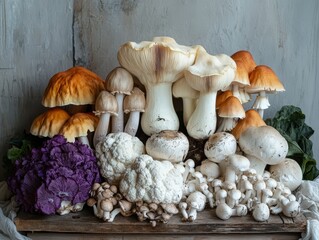 Variety of colorful mushrooms arranged on a wooden surface.