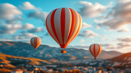 Obraz premium Hot Air Balloons Soaring Over Mountain Landscape at Sunset Creating Adventure Experience
