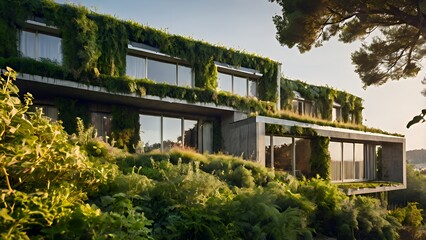 A sustainable eco-friendly house with solar panels, a green roof, and vertical gardens, blending seamlessly into the surrounding natural landscape.