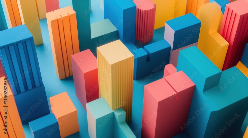 Poster An imaginative block-building scene with colorful construction toys, Blocks creatively stacked to form a miniature cityscape, Modern minimalist style
