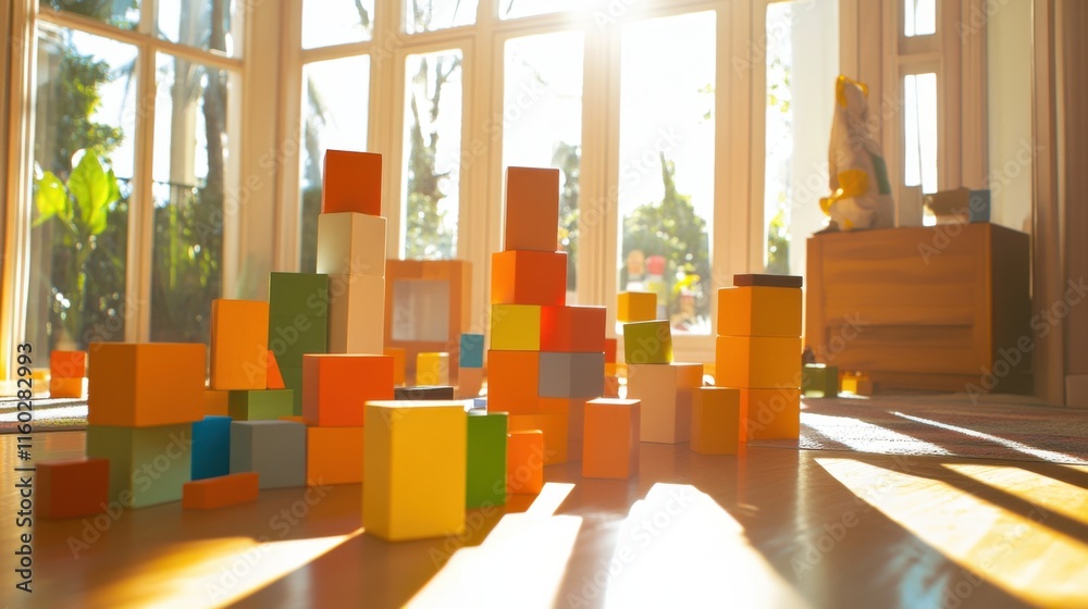 Poster An imaginative block-building session in a sunlit room, Colorful blocks arranged in whimsical patterns, Modern artistic style
