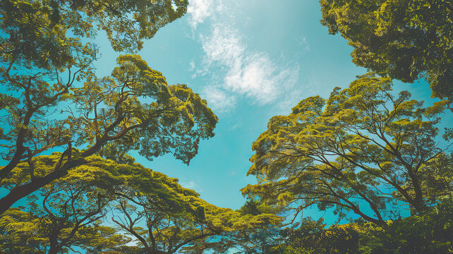 A vibrant forest scene with tall trees stretching toward a clear blue sky, their lush green foliage forming a canopy that filters sunlight. The tranquil setting is enhanced by scattered clouds
