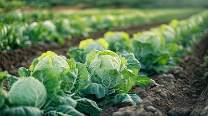 Naklejka premium Vast cabbage plantations growing in lush agricultural fields with neatly arranged vegetable rows, farming landscape highlighting mature crops and selective focus
