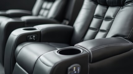 Obraz premium Luxurious black leather recliner seats with cup holders and controls in a home theater.