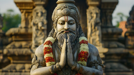 Obraz premium Ancient Indian Stone Statue With Garland in Traditional Namaste Greeting Posture : Generative AI