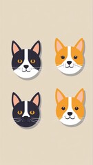 Colorful cartoon cat faces on beige background