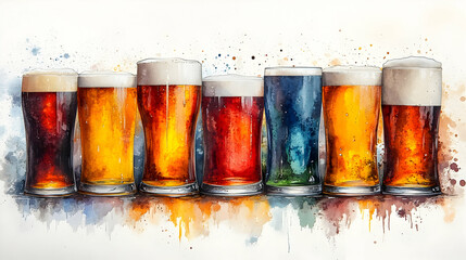 A vibrant display of various beer glasses showcasing different colors and styles.