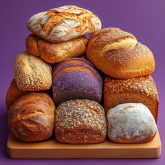 Assorted artisan bread loaves stacked on a wooden board against a purple background.