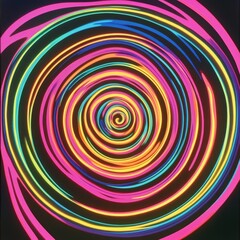 Abstract colorful spiral vortex, swirling neon lines on black background.