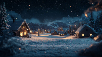 Fototapeta premium A snowy night scene with houses and. Christmas, winter, village, houses trees, light, night, new,. New trees lit up the night. Christmas lights in the village at night with trees in winter. Lifestyle.