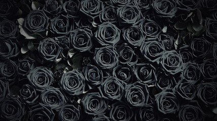 Dense arrangement of black roses with intricate petal and leaf details creating a mesmerizing swirling pattern